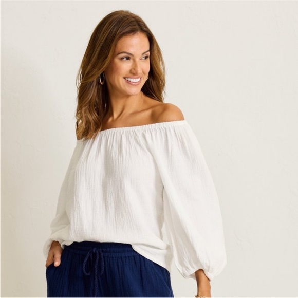 Tommy Bahama Women’s Coral Isle Top L navy gauzy cotton on or off shoulder NWT - Picture 4 of 10